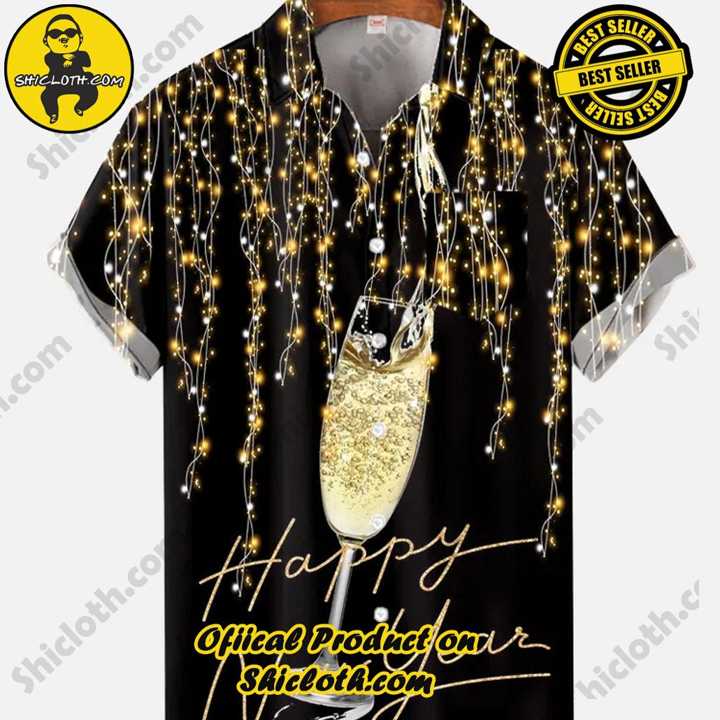Shicloth Short Sleeve Shirts: The Perfect Way to Stay Cool and Comfortable on Your Beach Vacation 27 Happy New Year Champagne Glasses And Twinkling Holiday Lights Printing Breast Pocket Short Sleeve Shirt