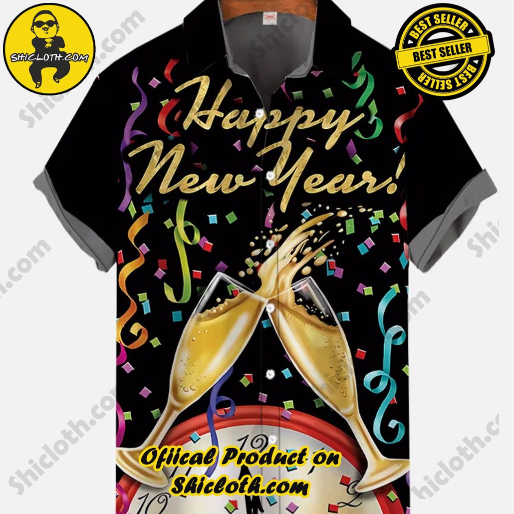 Shicloth Short Sleeve Shirts: The Perfect Way to Stay Cool and Comfortable on Your Beach Vacation 28 Happy New Year Colorful Ribbons And Champagne Glasses For Cheers Printing Short Sleeve Shirt