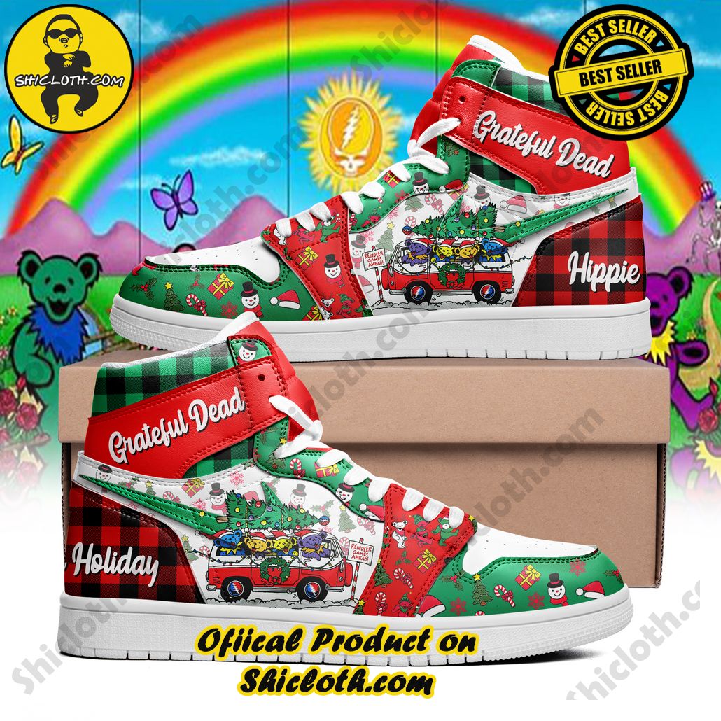 Step into Style: Introducing Shicloth's Nike Air Jordan 1 Sneakers 29 Hippie Holiday Grateful Dead Christmas Nike Air Jordan 1, Hightop Sneakers