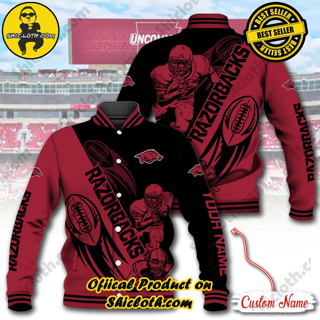 Stay Stylish and Cozy with Shicloth's Baseball Jacket Hoodie: The Perfect Blend of Sporty and Comfortable 4 NCAA Arkansas Razorbacks Custom Name Baseball Jacket Hoodie