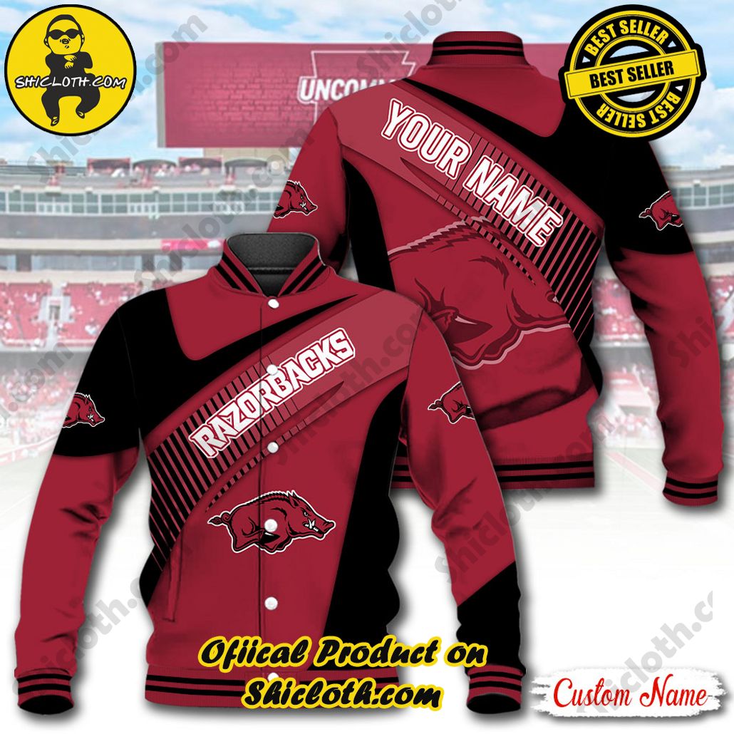Stay Stylish and Cozy with Shicloth's Baseball Jacket Hoodie: The Perfect Blend of Sporty and Comfortable 5 NCAA Arkansas Razorbacks Custom Name Baseball Jacket Hoodie New Ver