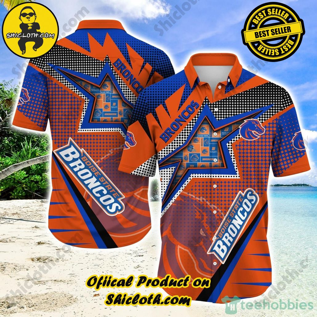 Shicloth Beach Shirts: The Perfect Way to Beat the Heat 82 NCAA Boise State Broncos Star Pattern Orange Blue Trendy Hawaiian Shirt Aloha Shirt