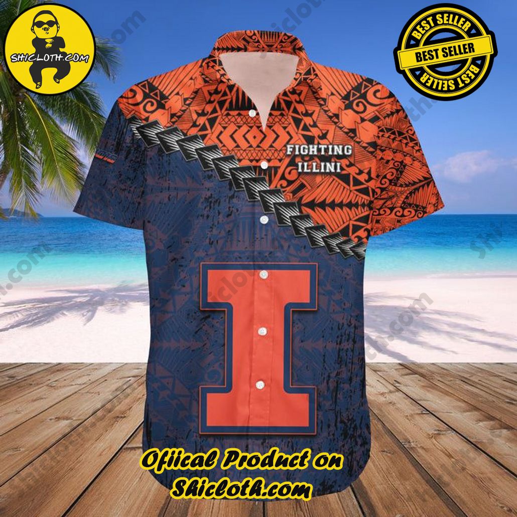Shicloth Beach Shirts: The Perfect Way to Beat the Heat 89 NCAA Illinois Fighting Illini Orange Blue Trendy Hawaiian Shirt V2 Aloha Shirt
