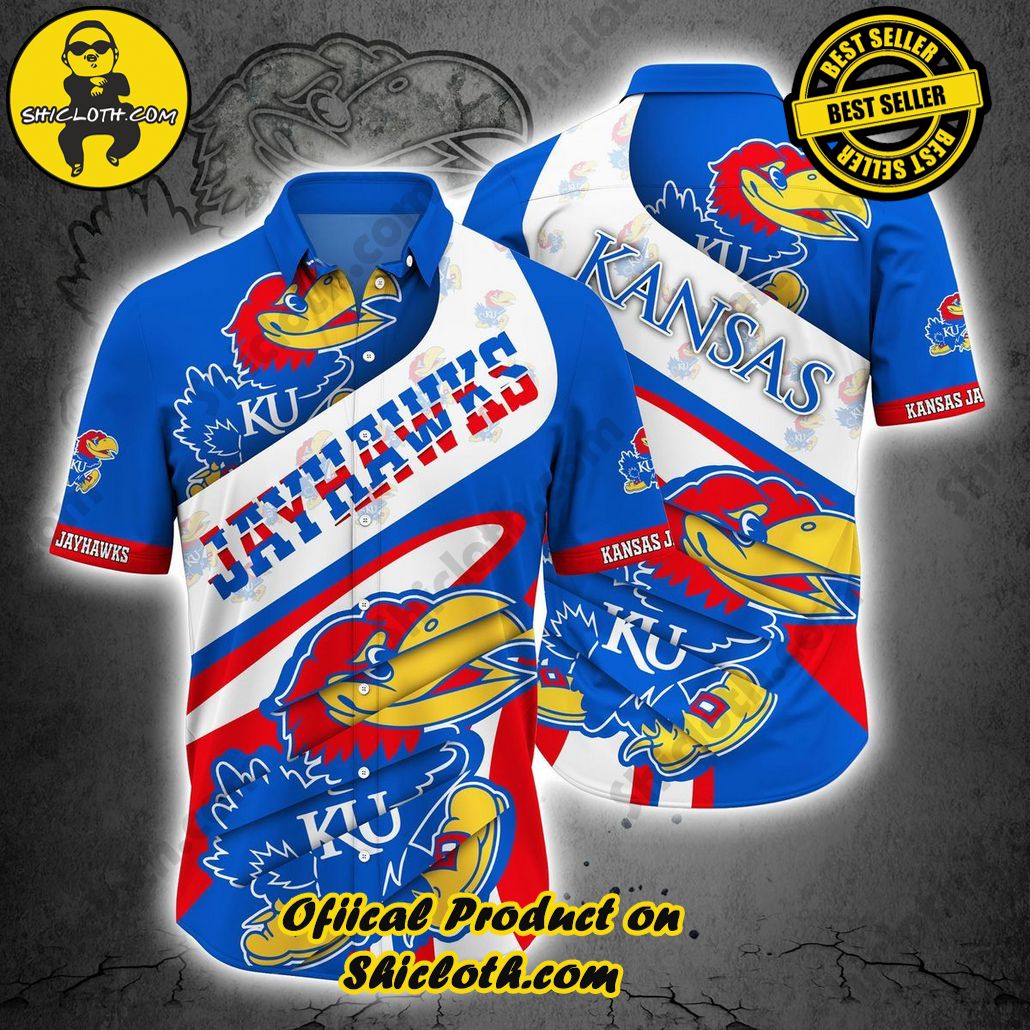 Shicloth Beach Shirts: The Perfect Way to Beat the Heat 93 NCAA Kansas Jayhawks Blue White Trendy Hawaiian Shirt V2 Aloha Shirt