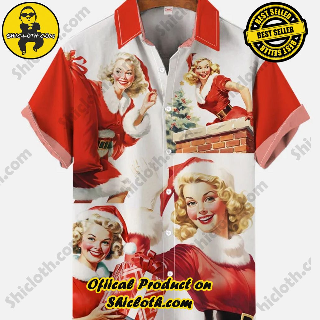 Shicloth Short Sleeve Shirts: The Perfect Way to Stay Cool and Comfortable on Your Beach Vacation 32 Red And White Christmas Elements Vintage Pin Up Art Blonde Christmas Girl Printing Short Sleeve Shirt