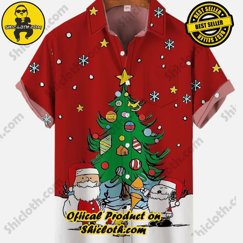 Shicloth Short Sleeve Shirts: The Perfect Way to Stay Cool and Comfortable on Your Beach Vacation 33 Red Cartoon Starry Background Santa Claus And Cartoon Dog Under Christmas Tree Printing Breast Pocket Short Sleeve Shirt