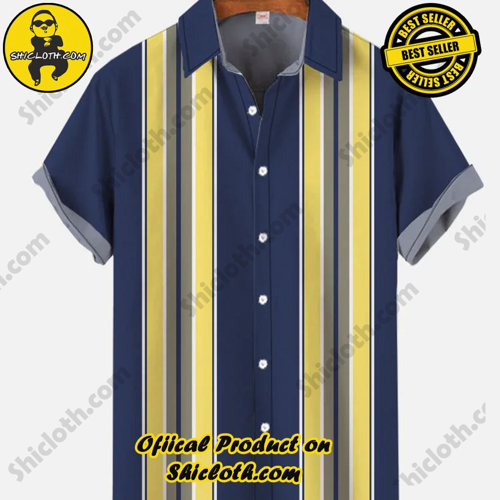 Shicloth Short Sleeve Shirts: Stay Cool and Look Sharp This Summer 34 Retro 50s Blue And Yellow Stitching Stripes Printing Short Sleeve Shirt