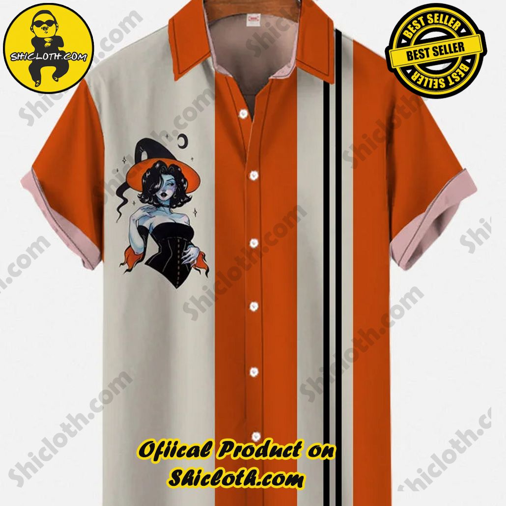 Shicloth Short Sleeve Shirts: Stay Cool and Look Sharp This Summer 35 Retro 50s Contrast Color Stripe Halloween Beautiful Witch Printing Short Sleeve Shirt