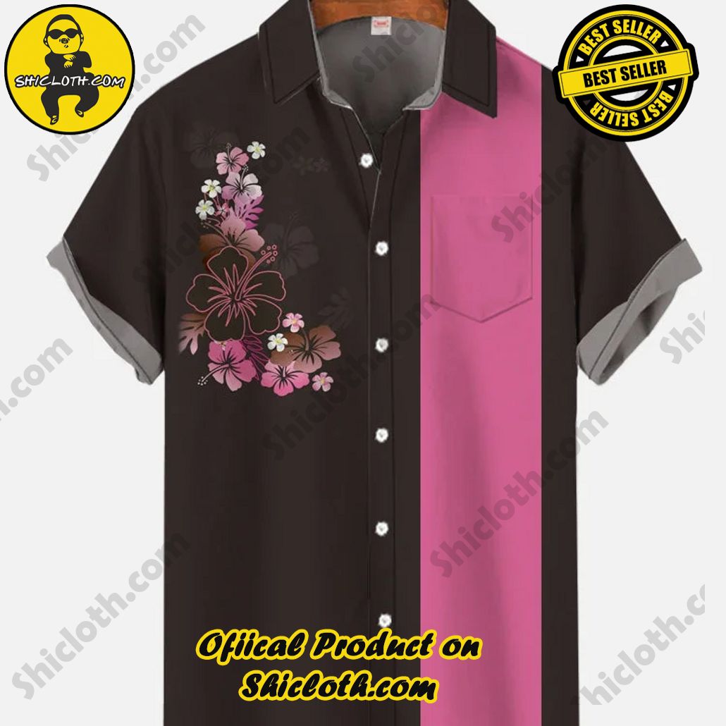 Shicloth Short Sleeve Shirts: Stay Cool and Look Sharp This Summer 36 Retro Black And Pink Stripe Stitching Pink Bouquet Printing Breast Pocket Short Sleeve Shirt