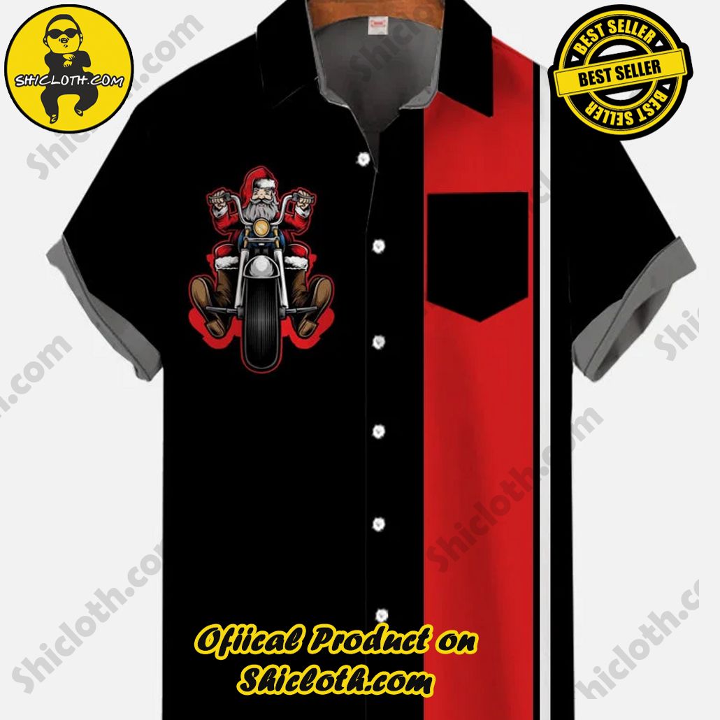 Shicloth Short Sleeve Shirts: Stay Cool and Look Sharp This Summer 37 Retro Black And Red Striped Santa Motorcycle Rider Printing Breast Pocket Short Sleeve Shirt
