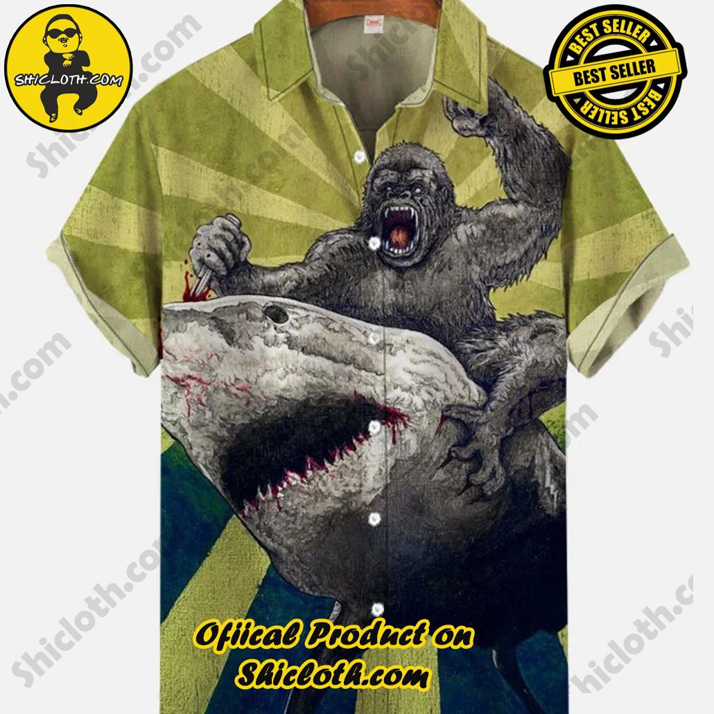 Shicloth Short Sleeve Shirts: The Perfect Way to Stay Cool and Comfortable on Your Beach Vacation 39 Retro Green Radiation Pattern Giant Ape Kills Shark Printing Short Sleeve Shirt