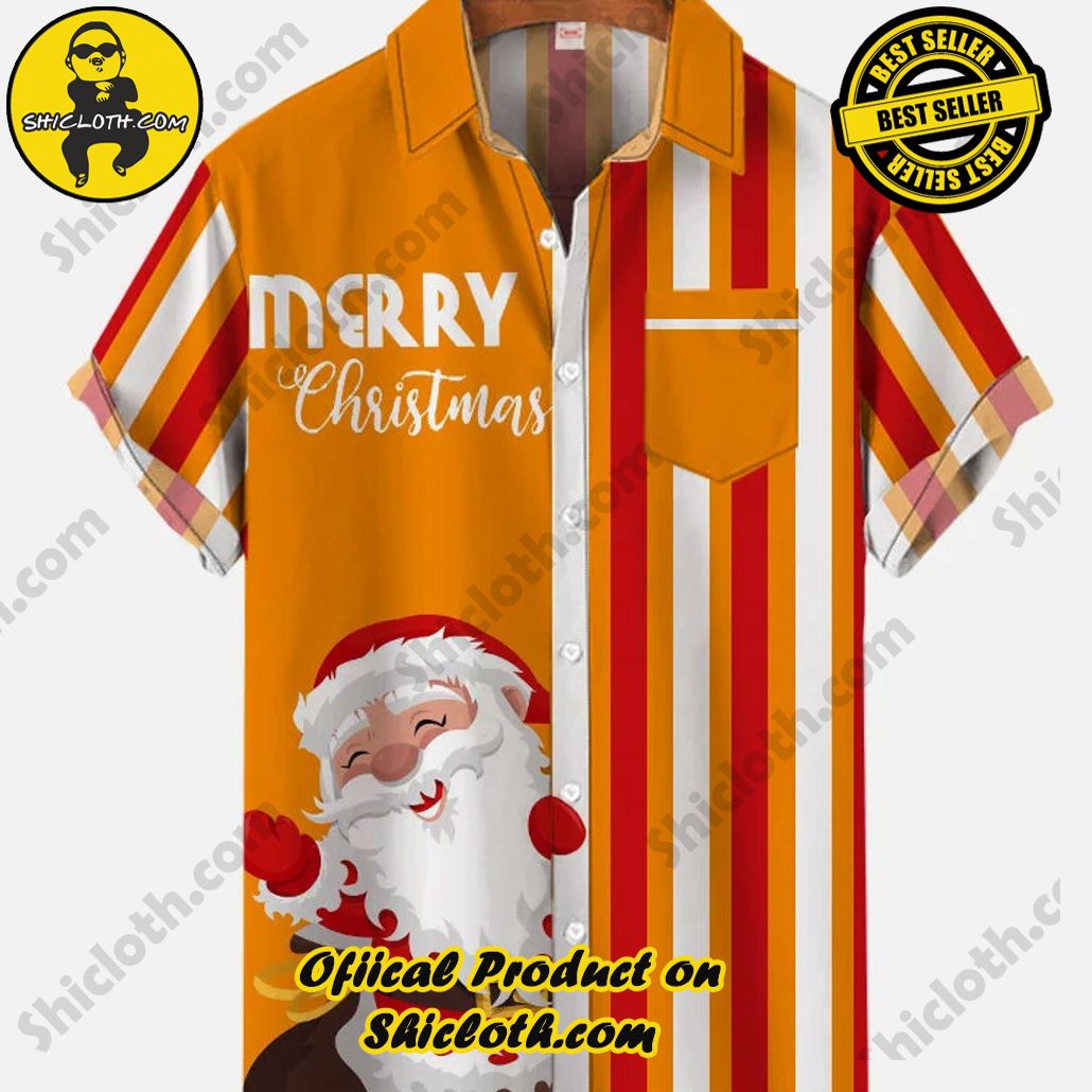 Shicloth Short Sleeve Shirts: Stay Cool and Look Sharp This Summer 48 Retro Orange And White Stripes And Cartoon Cute Santa Claus Merry Christmas Printing Breast Pocket Short Sleeve Shirt
