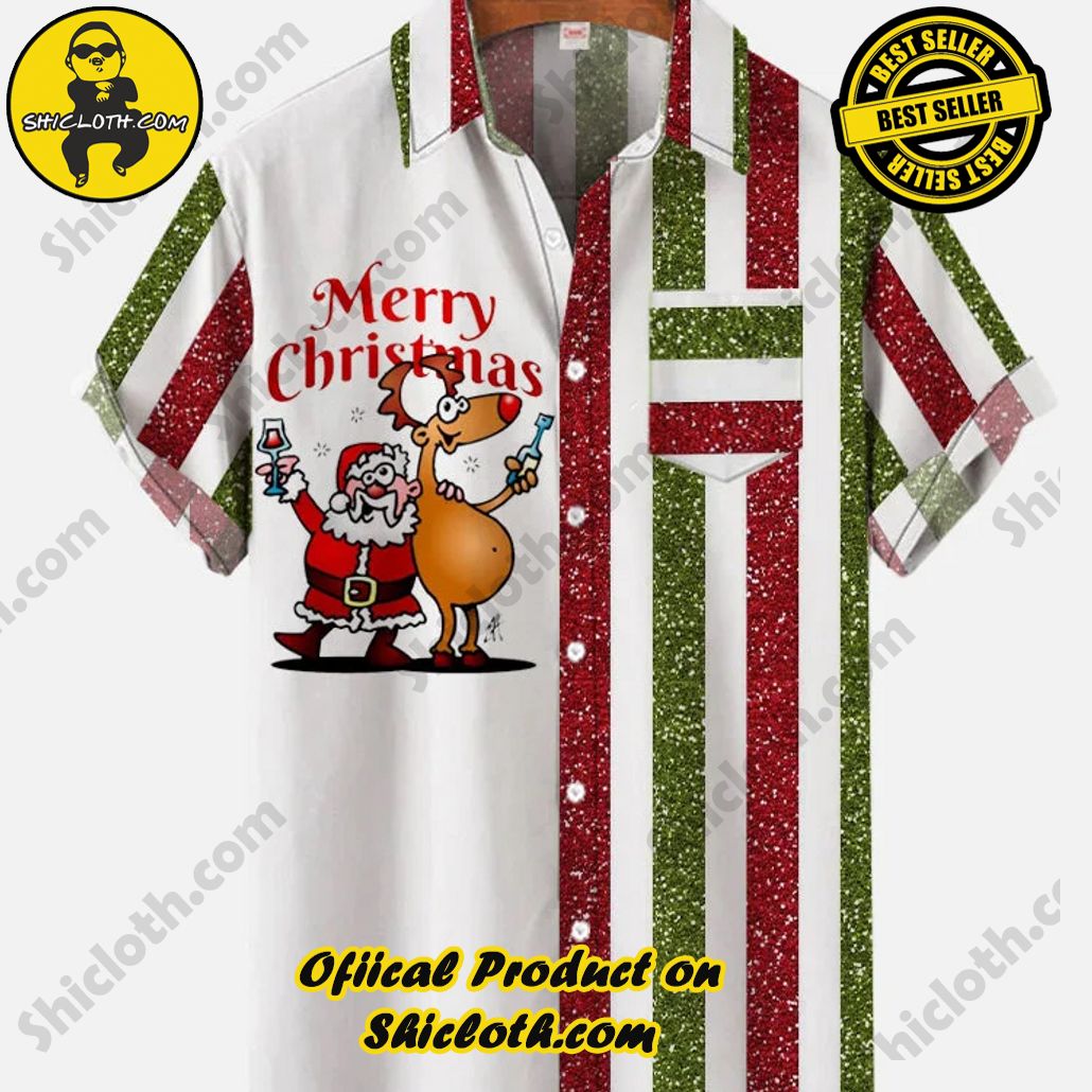 Shicloth Short Sleeve Shirts: Stay Cool and Look Sharp This Summer 50 Retro Red And Green Striped Patchwork Merry Christmas Santa Claus And Reindeer Printing Breast Pocket Short Sleeve Shirt