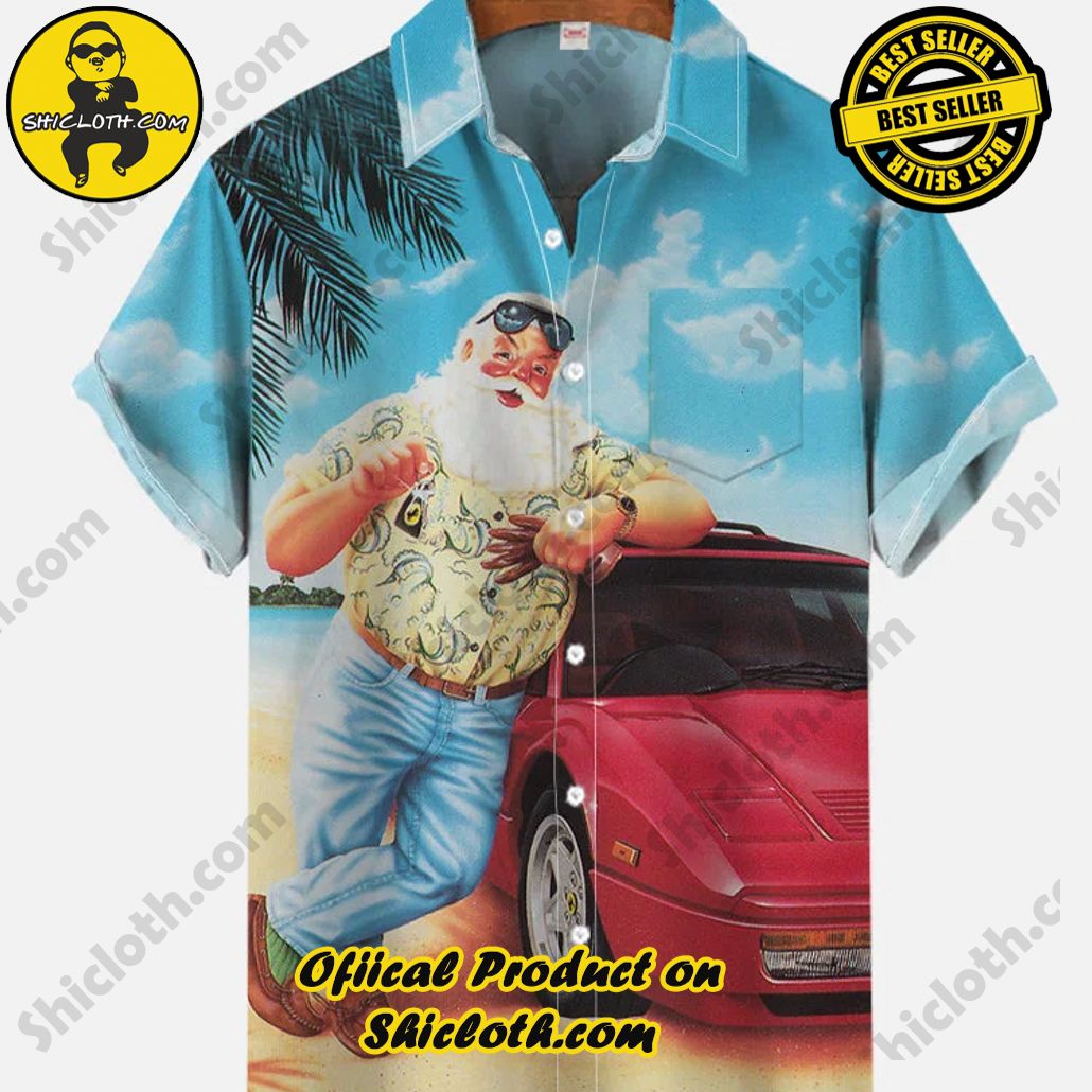 Shicloth Short Sleeve Shirts: The Perfect Way to Stay Cool and Comfortable on Your Beach Vacation 44 Retro Traditional Christmas Beach Santa Claus And Red Classic Car Printing Breast Pocket Short Sleeve Shirt