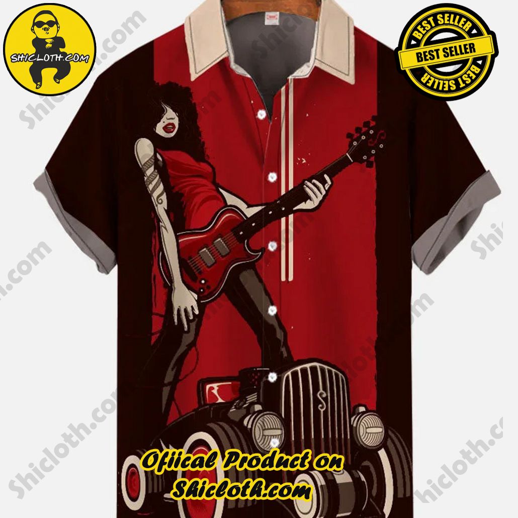 Shicloth Short Sleeve Shirts: The Perfect Way to Stay Cool and Comfortable on Your Beach Vacation 47 Rockabilly Punk Rockstar Guitar Player And Retro Car Printing Short Sleeve Shirt