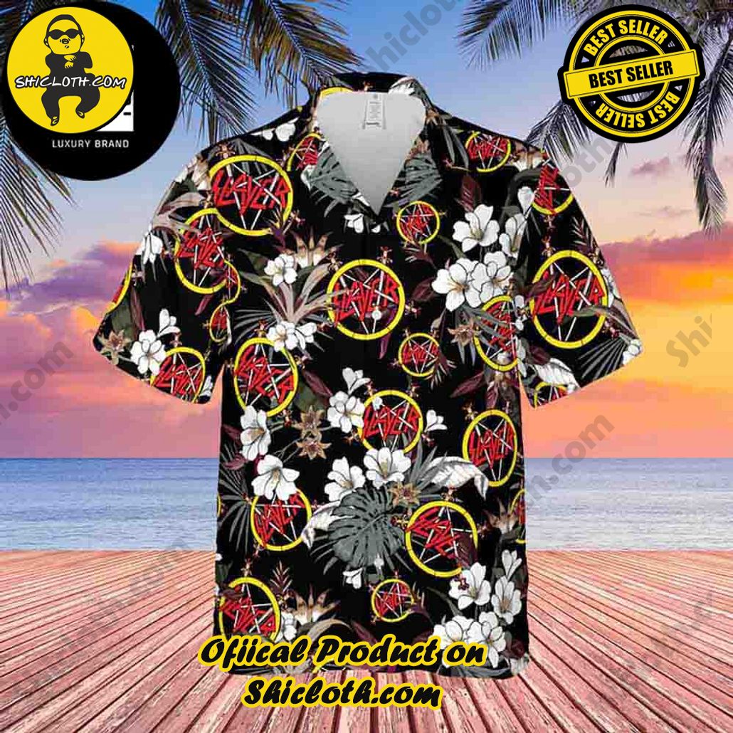 Tropical Vibes: Explore Shicloth's Hawaiian Shirt Collection 51 Slayer Rock Band With White Flower 2024 Summer Trending Hawaiian Shirt
