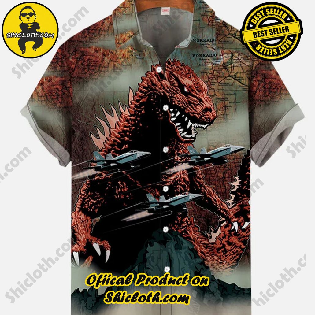 Shicloth Short Sleeve Shirts: Stay Cool and Look Sharp This Summer 54 Ukiyo-E Japanese Style Retro Map Godzilla And Fighters Printing Short Sleeve Shirt