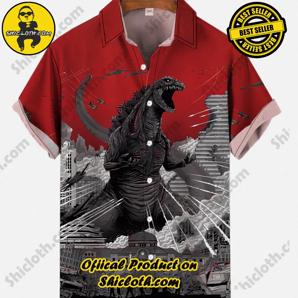 Shicloth Short Sleeve Shirts: The Perfect Way to Stay Cool and Comfortable on Your Beach Vacation 53 Ukiyo-E Retro Nostalgic Blue Flame Godzilla And Red Sun Printing Short Sleeve Shirt