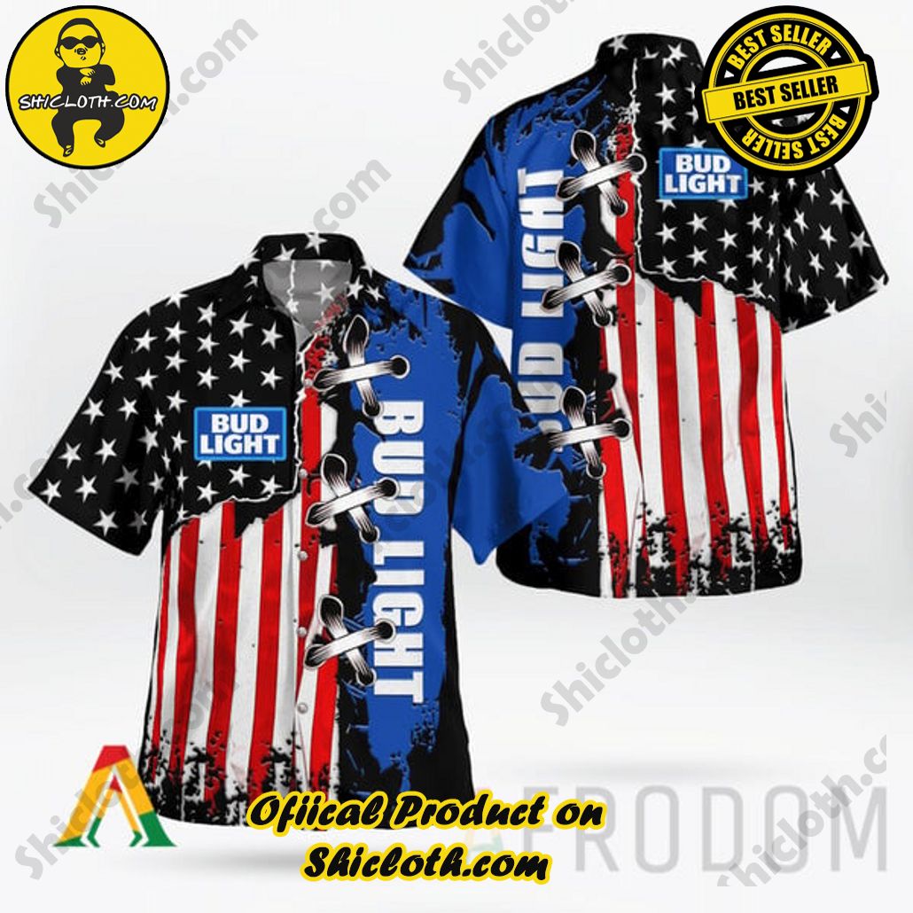 Discover Paradise: Shicloth's Button Shirt - Hawaiian Shirt 97 USA Flag Bud Light Button Shirt - Hawaiian Shirt