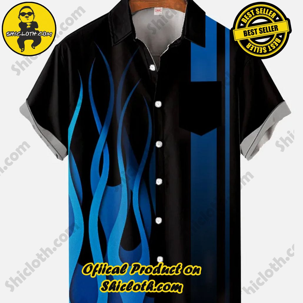 Shicloth Short Sleeve Shirts: The Perfect Way to Stay Cool and Comfortable on Your Beach Vacation 55 Vintage Black And Blue Stripe And Blue Fire Flame Pattern Printing Breast Pocket Short Sleeve Shirt