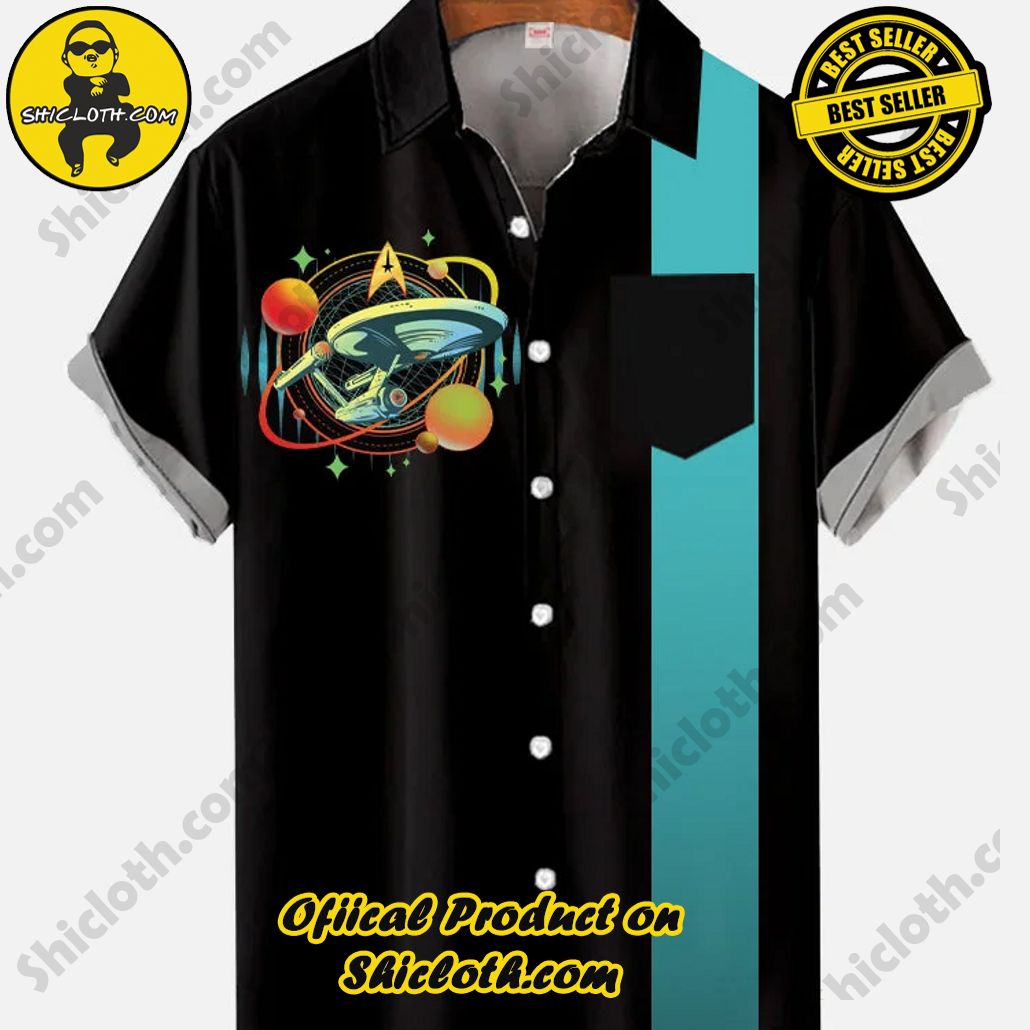 Shicloth Short Sleeve Shirts: The Perfect Way to Stay Cool and Comfortable on Your Beach Vacation 57 Vintage Black And Cyan Stripe Galaxy And Spaceship Printing Breast Pocket Short Sleeve Shirt