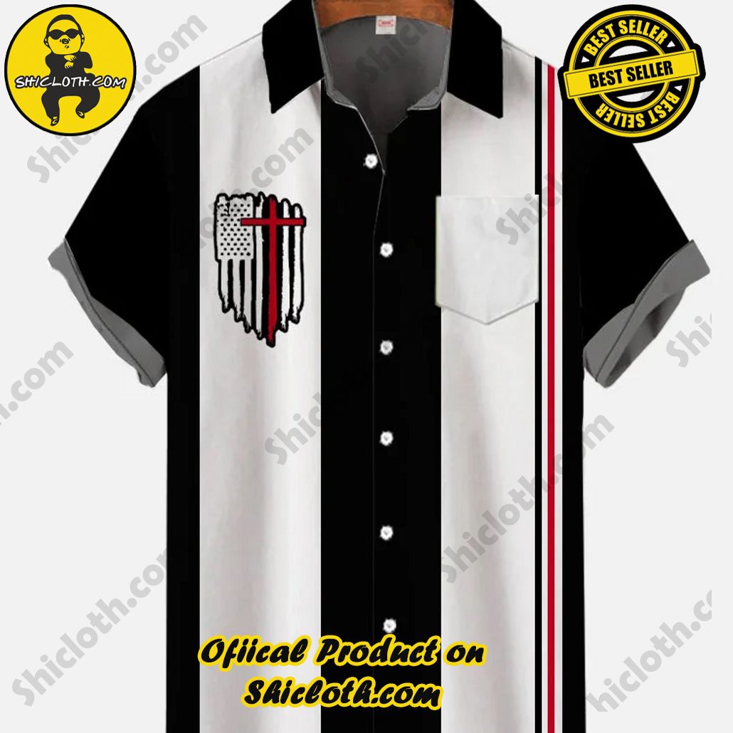Shicloth Short Sleeve Shirts: Stay Cool and Look Sharp This Summer 56 Vintage Black And White Striped American Flag And Cross Printing Breast Pocket Short Sleeve Shirt