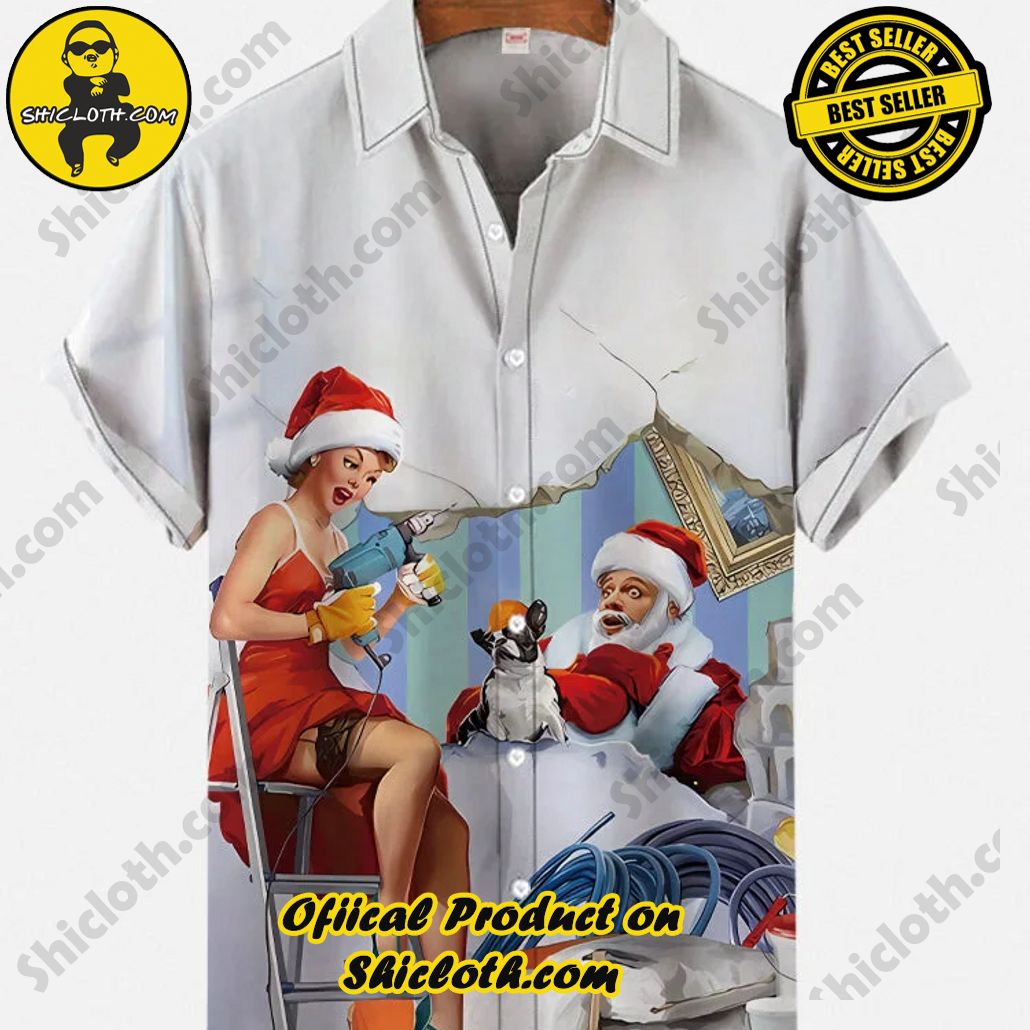 Shicloth Short Sleeve Shirts: The Perfect Way to Stay Cool and Comfortable on Your Beach Vacation 70 Vintage Pin Up Art Christmas Girl And Santa Claus Repairing The House Printing Short Sleeve Shirt