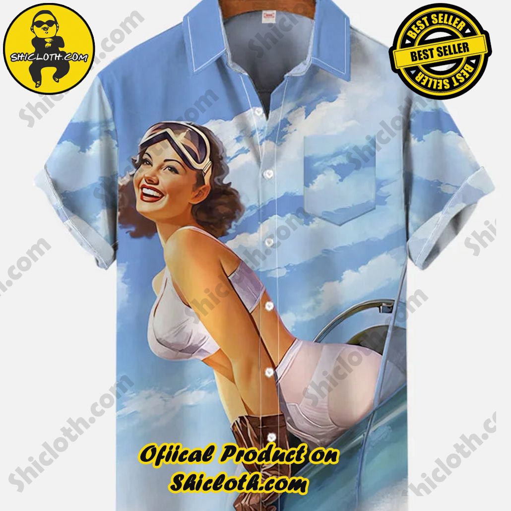 Shicloth Short Sleeve Shirts: The Perfect Way to Stay Cool and Comfortable on Your Beach Vacation 74 Vintage Pin Up Art Cool Beauty Under The White Clouds Printing Breast Pocket Short Sleeve Shirt