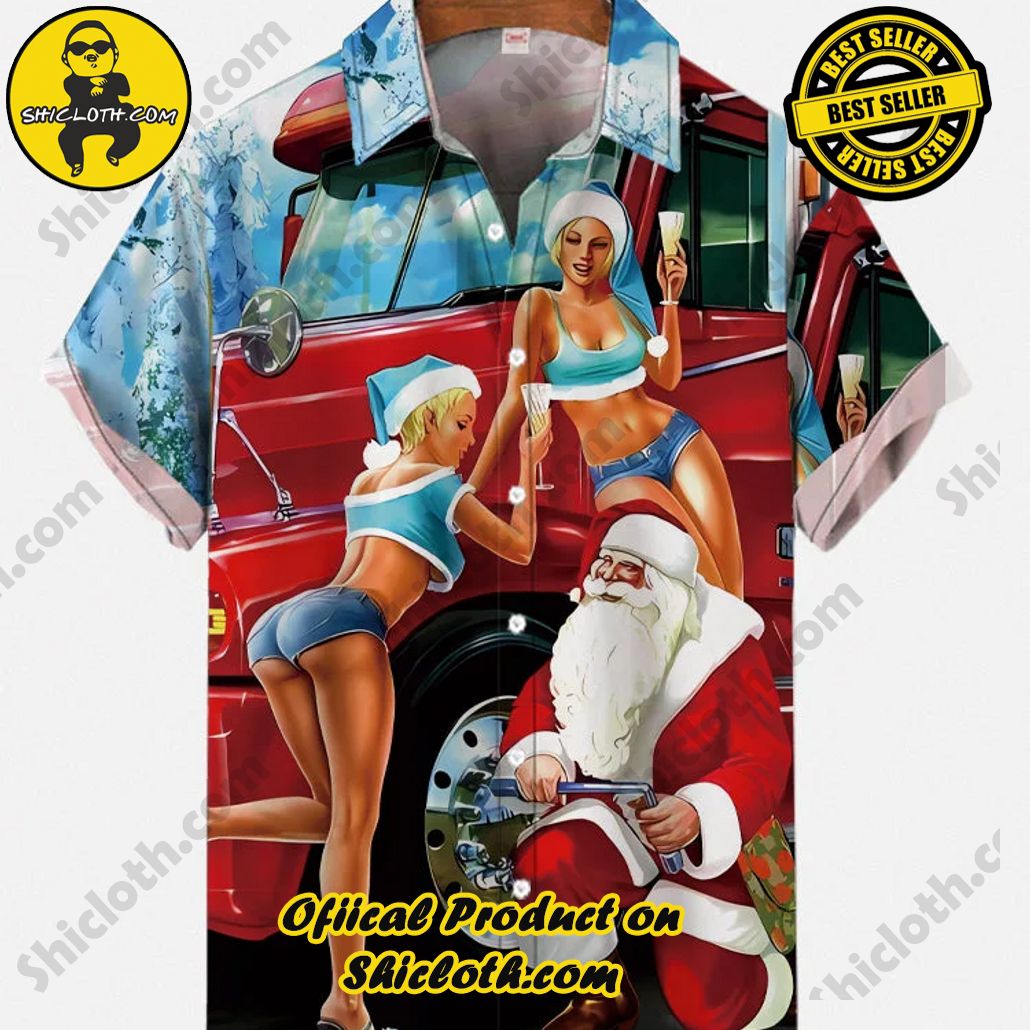 Shicloth Short Sleeve Shirts: Stay Cool and Look Sharp This Summer 73 Vintage Pin Up Art Fantasy Blue Christmas Girls And Santa Fixing Car Printing Short Sleeve Shirt