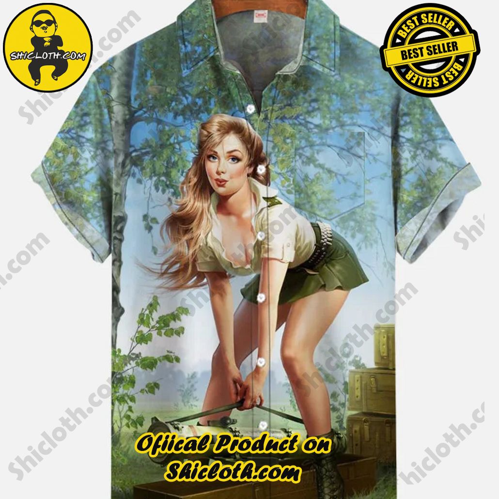 Shicloth Short Sleeve Shirts: Stay Cool and Look Sharp This Summer 79 Vintage Pin Up Art Jungle Artillery Shells And Beauty Soldier Printing Short Sleeve Shirt