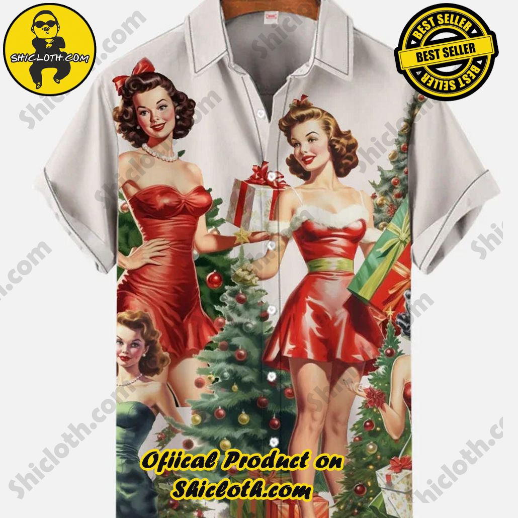 Shicloth Short Sleeve Shirts: The Perfect Way to Stay Cool and Comfortable on Your Beach Vacation 77 Vintage Pin Up Art Merry Christmas Girls Exchanging Gifts Near The Christmas Tree Printing Short Sleeve Shirt