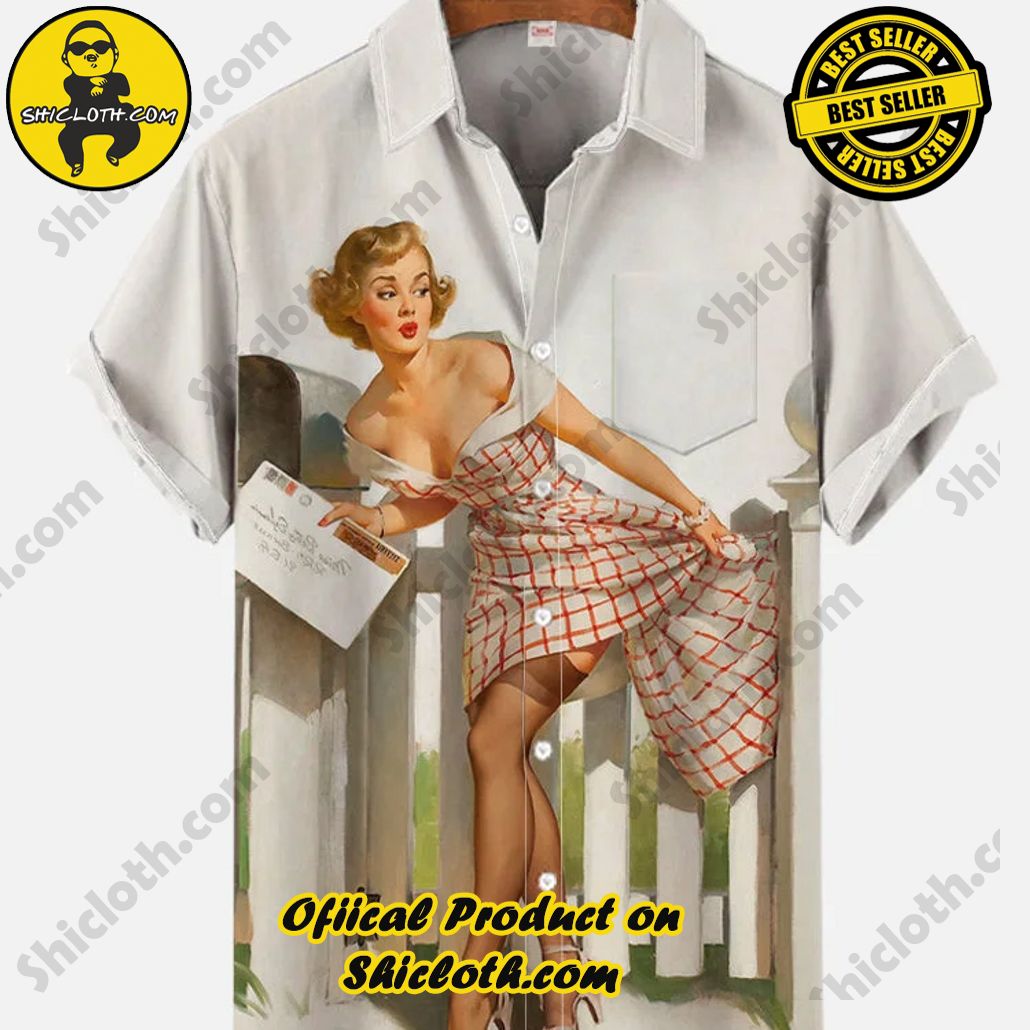 Shicloth Short Sleeve Shirts: The Perfect Way to Stay Cool and Comfortable on Your Beach Vacation 79 Vintage Pin Up Art Plaid Skirt Girl Picking Up Express Delivery Printing Breast Pocket Short Sleeve Shirt