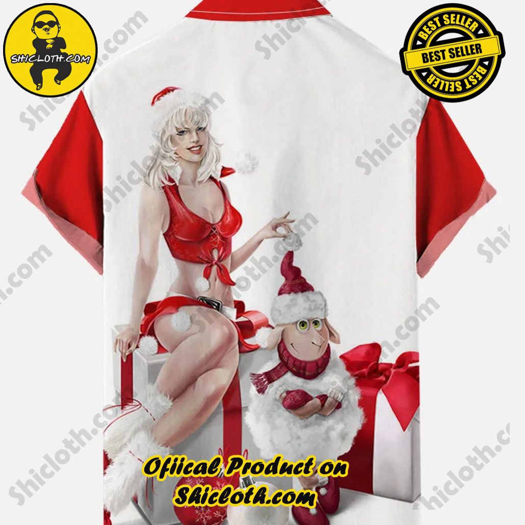 Vintage Pin Up Art Red And White Color Contrast Silver-Haired Christmas Girl And Santa Hat Lamb Printing Breast Pocket Short Sleeve Shirt 2 Vintage Pin Up Art Red And White Color Contrast Silver-Haired Christmas Girl And Santa Hat Lamb Printing Breast Pocket Short Sleeve Shirt - Image 2