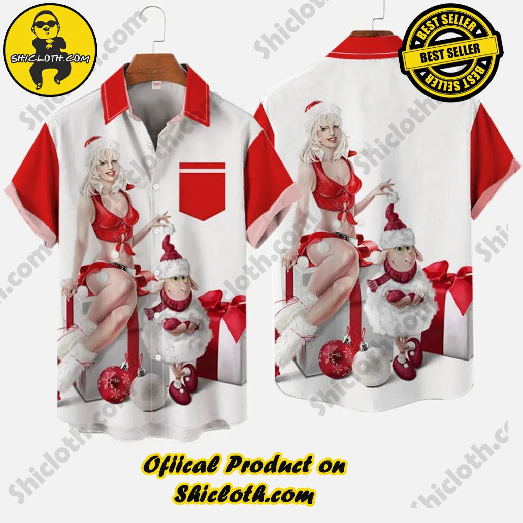 Vintage Pin Up Art Red And White Color Contrast Silver-Haired Christmas Girl And Santa Hat Lamb Printing Breast Pocket Short Sleeve Shirt 3 Vintage Pin Up Art Red And White Color Contrast Silver-Haired Christmas Girl And Santa Hat Lamb Printing Breast Pocket Short Sleeve Shirt - Image 3