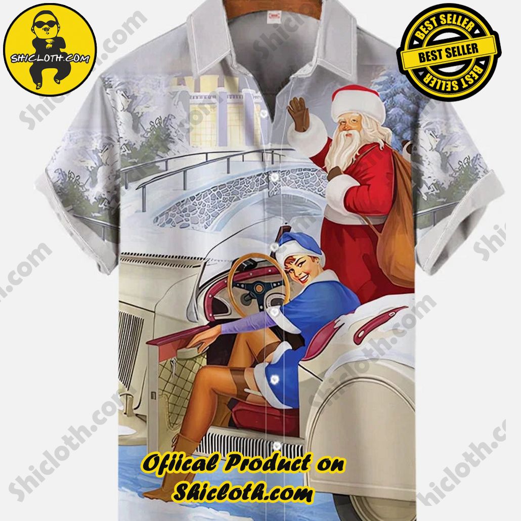 Shicloth Short Sleeve Shirts: The Perfect Way to Stay Cool and Comfortable on Your Beach Vacation 85 Vintage Pin Up Art Retro Car Beauty Driver And Santa Claus Carrying Package Printing Short Sleeve Shirt