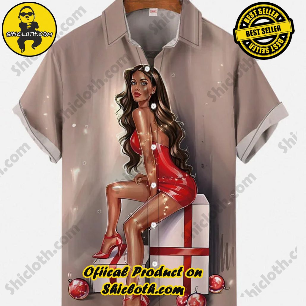 Shicloth Short Sleeve Shirts: The Perfect Way to Stay Cool and Comfortable on Your Beach Vacation 86 Vintage Pin Up Art Sexy Brown-Haired Beauty In Red Dress And Christmas Gifts Printing Short Sleeve Shirt