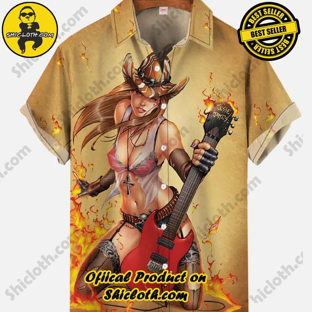 Shicloth Short Sleeve Shirts: The Perfect Way to Stay Cool and Comfortable on Your Beach Vacation 89 Vintage Pin Up Art Sexy Cowgirl Rock Electric Guitar Printing Short Sleeve Shirt