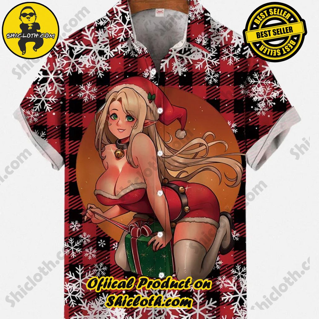 Shicloth Short Sleeve Shirts: Stay Cool and Look Sharp This Summer 90 Vintage Pin Up Art Vintage Red Plaid Background Cute Santa Girl Opening Gifts Printing Short Sleeve Shirt