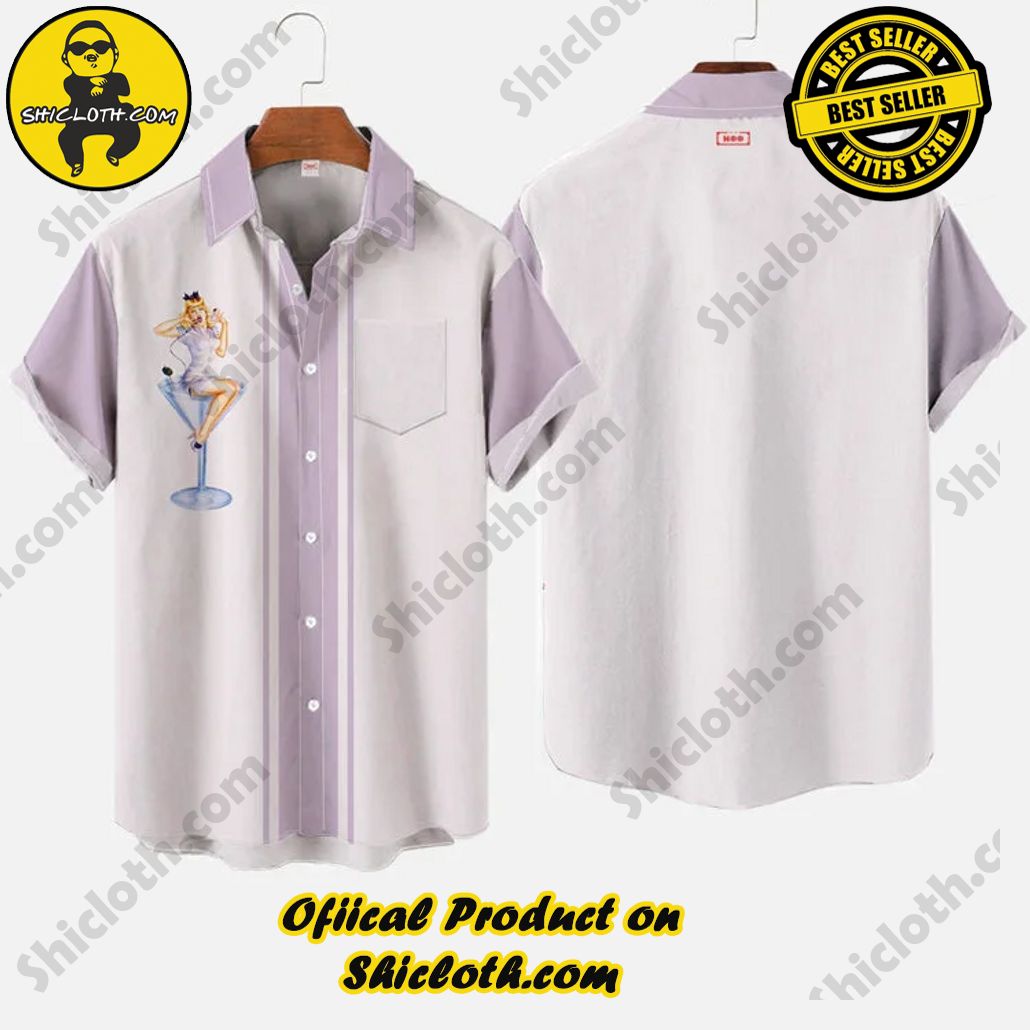 Vintage Pin Up Art White And Light Purple Color Contrast Stripes And Champagne Glass Beauty Printing Breast Pocket Short Sleeve Shirt 3 Vintage Pin Up Art White And Light Purple Color Contrast Stripes And Champagne Glass Beauty Printing Breast Pocket Short Sleeve Shirt - Image 3