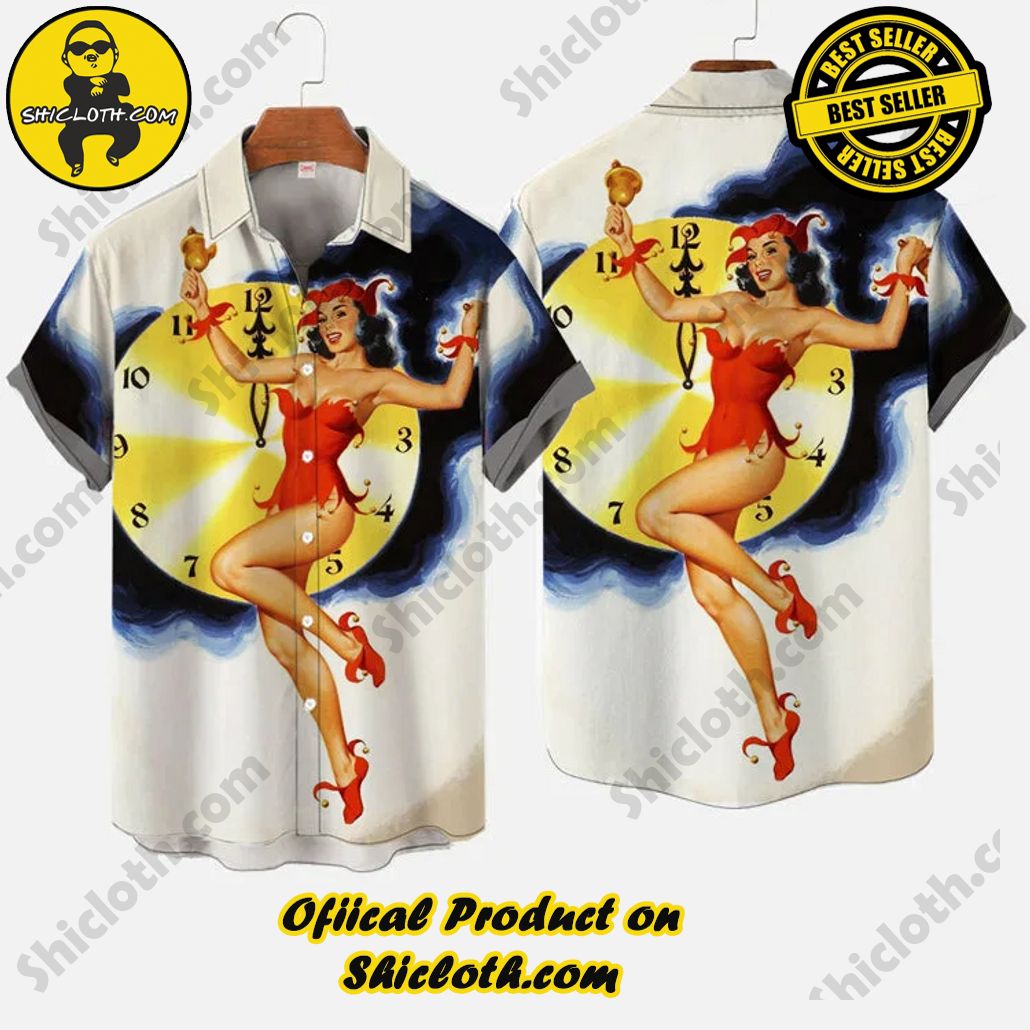 vintage pin up girl poster clock and christmas bell girl printing short sleeve shirt 3 z7ysO