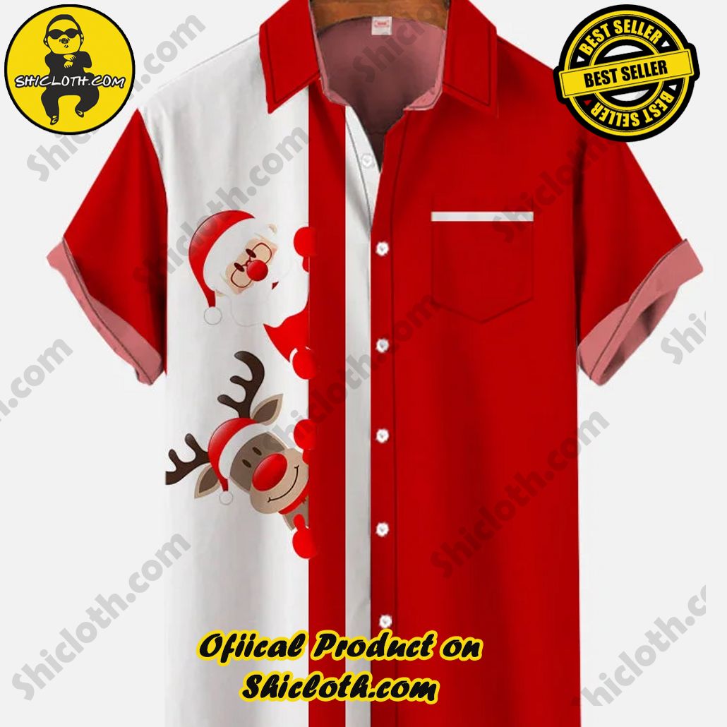 Shicloth Short Sleeve Shirts: The Perfect Way to Stay Cool and Comfortable on Your Beach Vacation 97 Vintage Red And White Color Contrast Cute Reindeer And Santa Claus Printing Breast Pocket Short Sleeve Shirt