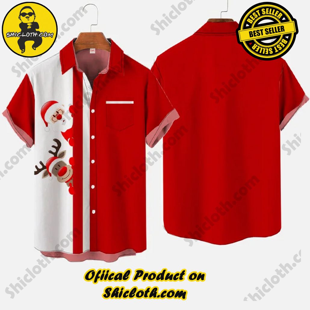 Vintage Red And White Color Contrast Cute Reindeer And Santa Claus Printing Breast Pocket Short Sleeve Shirt - Image 3