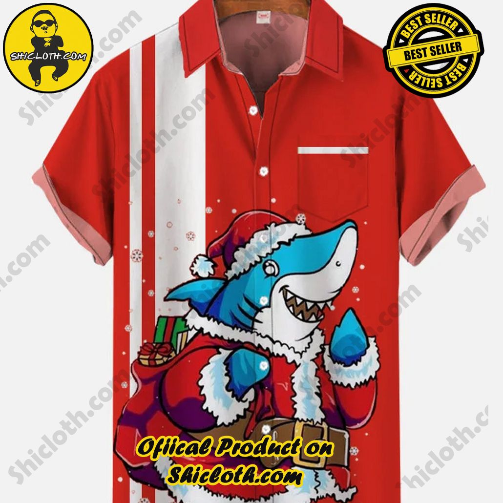 Shicloth Short Sleeve Shirts: The Perfect Way to Stay Cool and Comfortable on Your Beach Vacation 98 Vintage Red And White Striped Stitching Santa Shark Printing Breast Pocket Short Sleeve Shirt