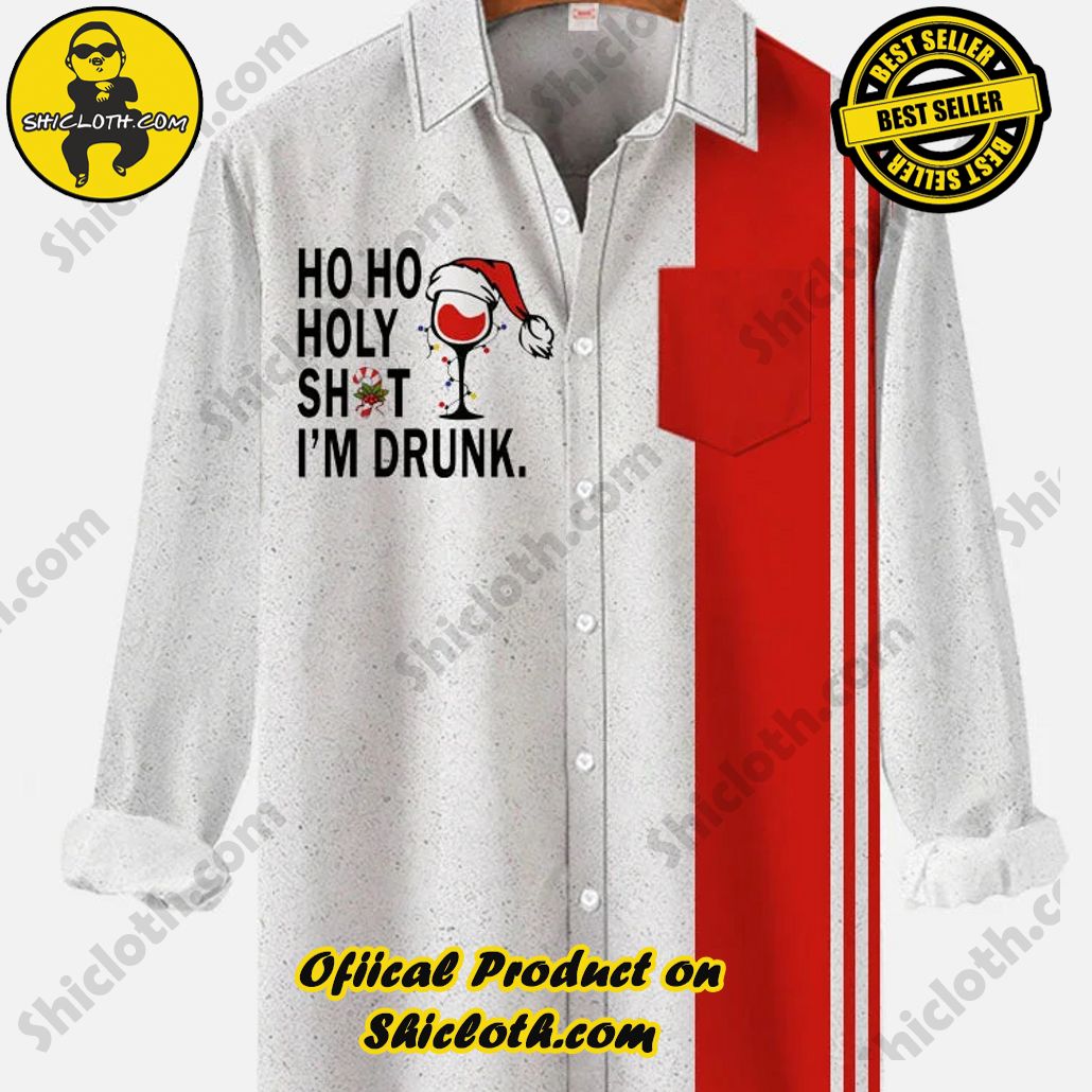 50s Abstract Red And Gray Stripe I'm Drunk Santa Glass Printing Breast Pocket Long Sleeve Shirt