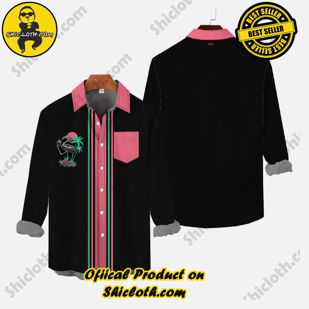 50s Black And Pink Stitching Halloween Island Skull Flamingo Printing Breast Pocket Long Sleeve Shirt 3 50s Black And Pink Stitching Halloween Island Skull Flamingo Printing Breast Pocket Long Sleeve Shirt - Image 3
