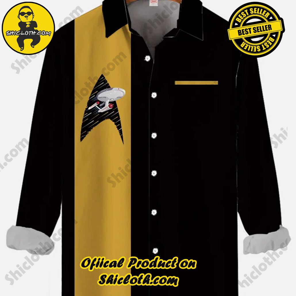50s Black & Yellow Stripe Star Logo Spaceship Printing Breast Pocket Long Sleeve Shirt