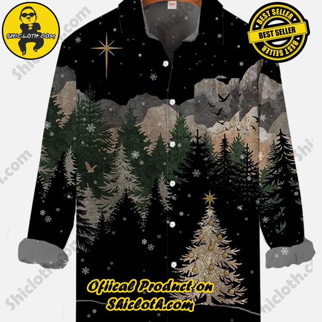 Abstract Black Starry Night Lush Forest And Golden Christmas Tree Printing Breast Pocket Long Sleeve Shirt