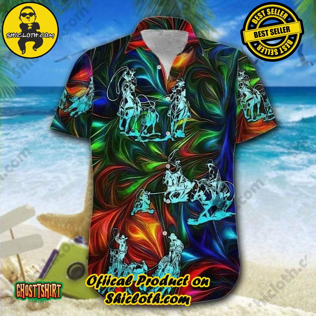 Amazing Team Roping Neon Aloha Hawaiian Shirt Beach Short