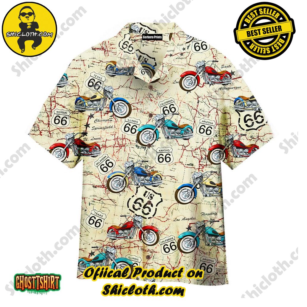 Amazing Vintage Motorcycle On Route 66 White Aloha Hawaiian Shirt Beach Short