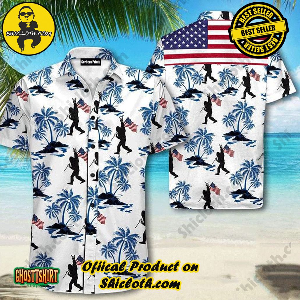 American Bigfoot Flag Coconut Tree White And Blue Aloha Hawaiian Shirt Beach Short